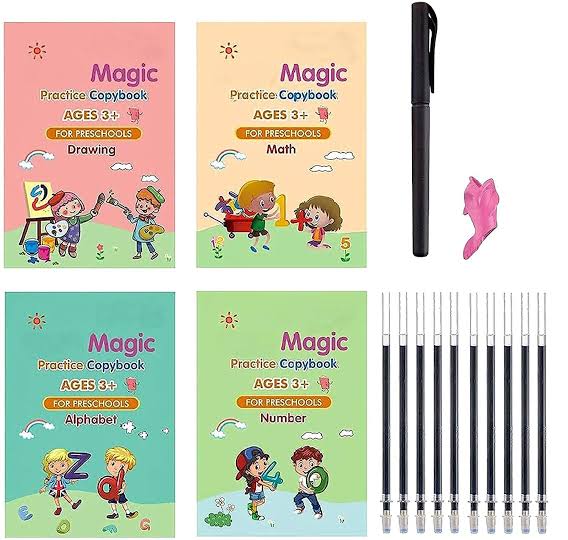 Sank Magic Practice Copybook Set Of 4 Books With Pen & Refills Reusable Handwriting Workbook Tracing Practice Book For Preschools