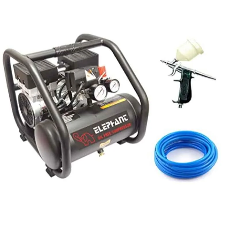 Elephant 1HP 6L Oil free & Noiseless Air Compressor with 60ml Artmaster Air Brusher, PU Pipe & Fitting, AC-06-AC-60