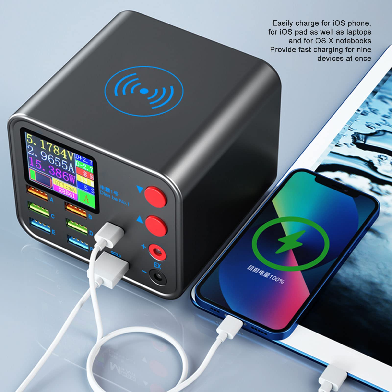 Multiport Power Adapter, 110‑220V Multifunctional Professional Adjustable Brightness USB Charging Station with Wireless Charge for Travel (EU Plug)